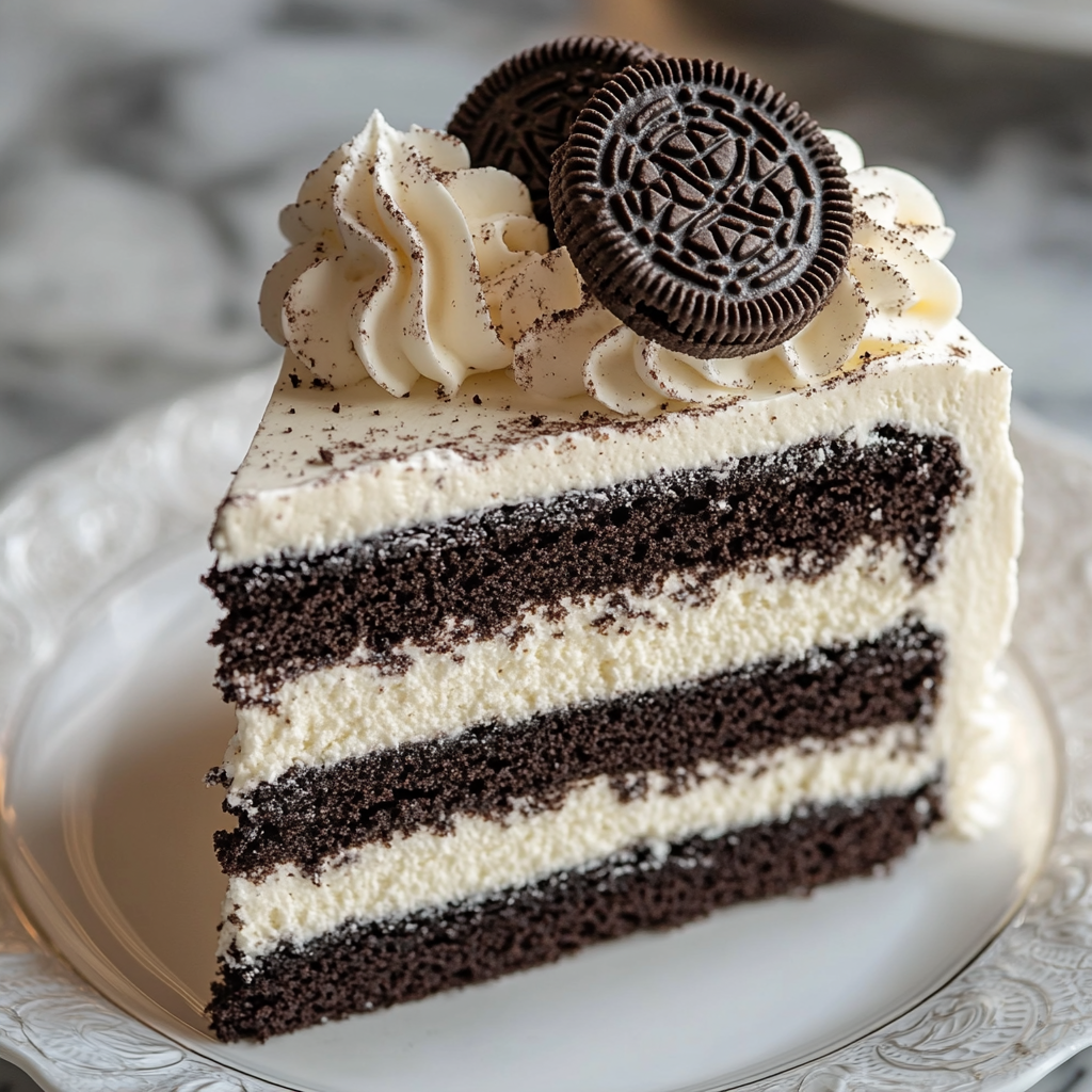 three layer black and white cake decorated with frosting swirls and crushed cookies — elegant and party-ready.
