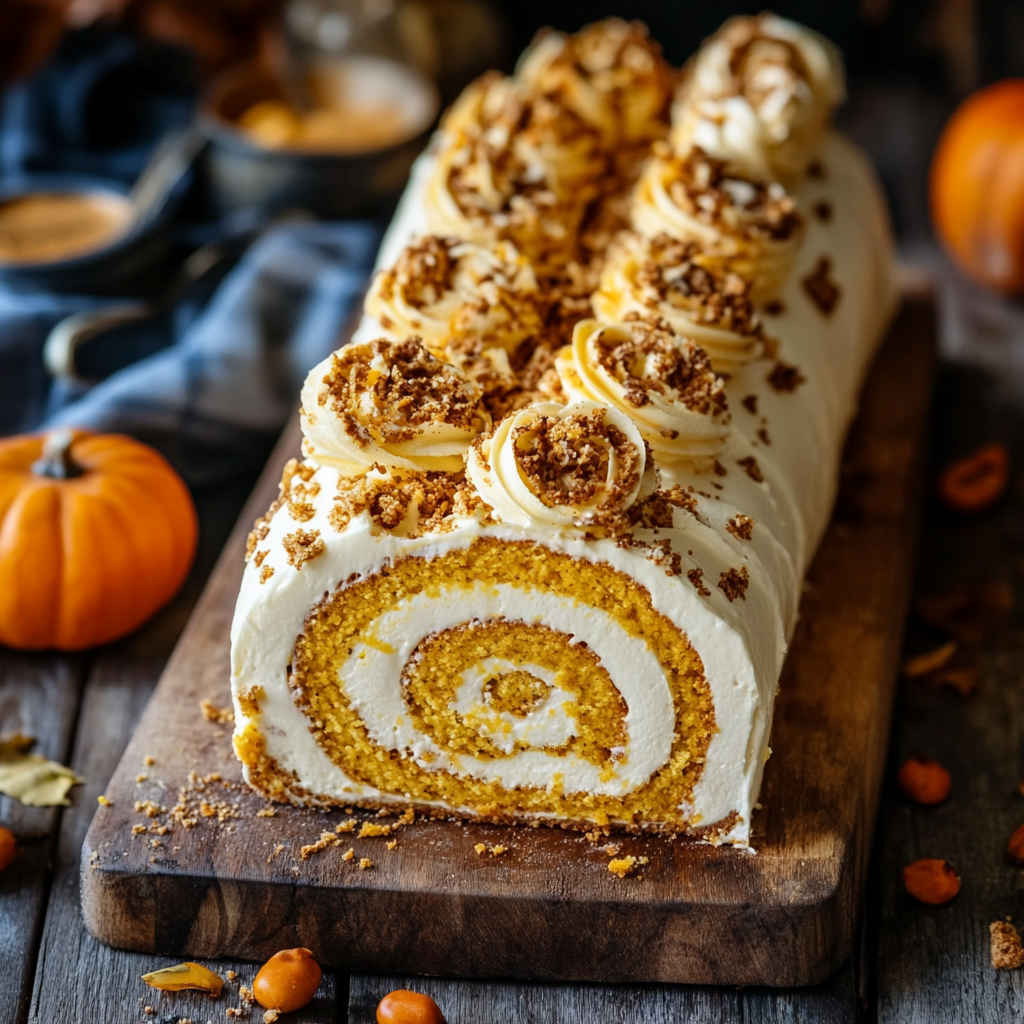 Pumpkin cake roll sliced with visible ginger buttercream swirl on a fall-themed plate