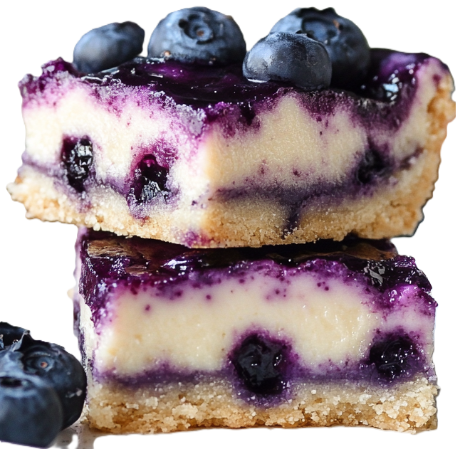 close up photo of two blueberry cheesecake bars