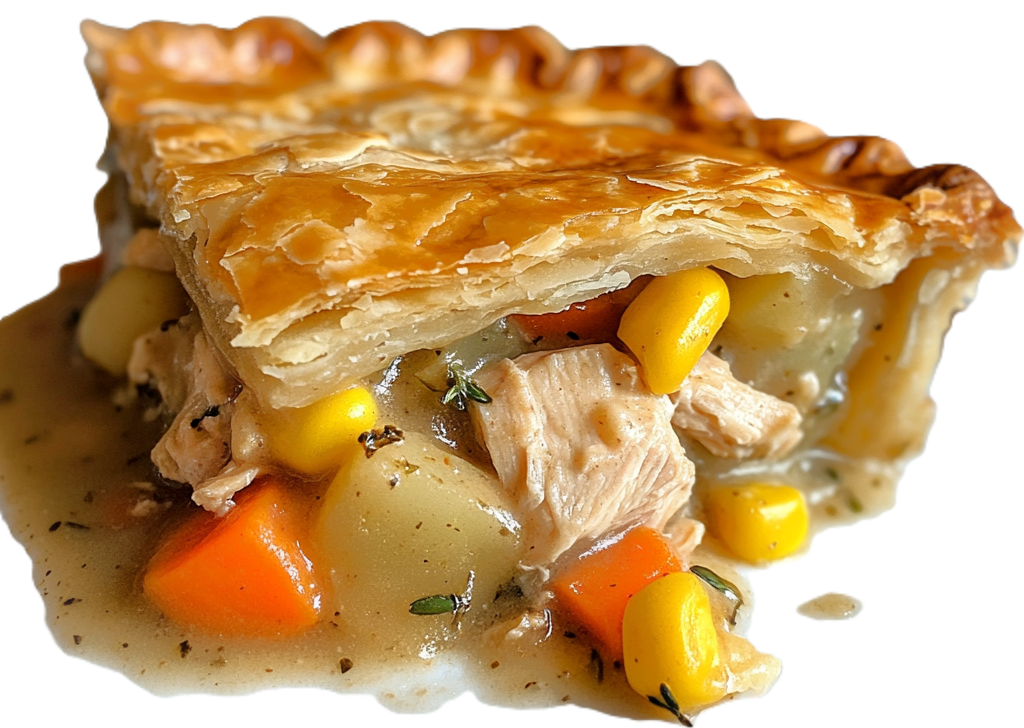a slice of chicken pot pie made from scratch with flaky pastry and lots of chicken and gravy