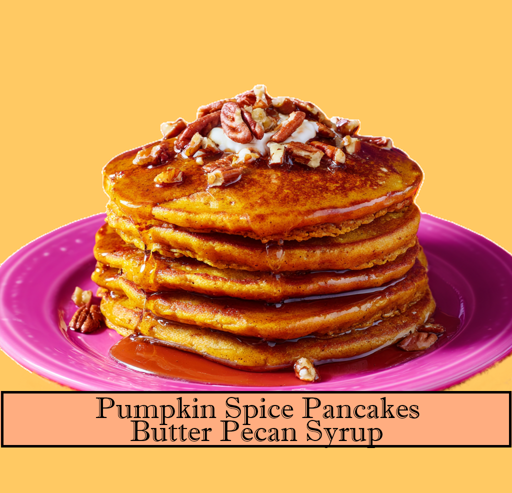 pumpkin pancakes with butter pecan syrup and chopped pecans on top