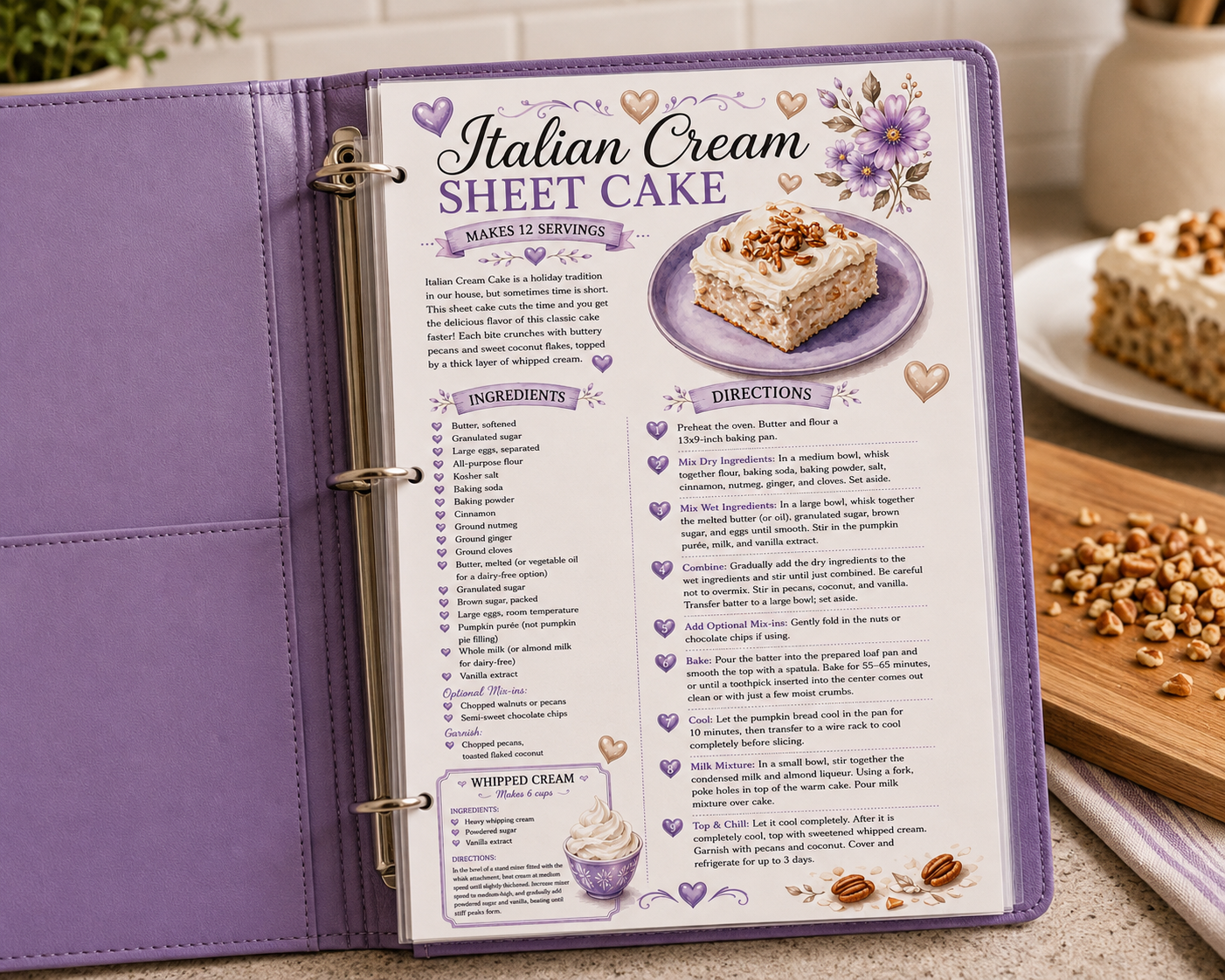 a picture of the italian cream cake recipe card in purple recipe binder