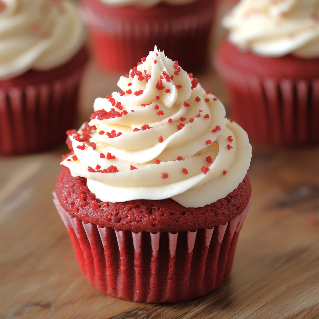 Close-up of a red velvet cupcake with cream cheese frosting, topped with sprinkles.