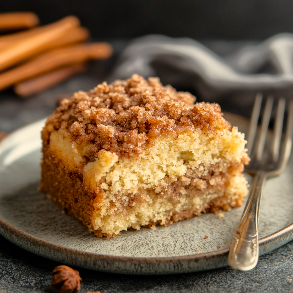 a piece of cinnamon brown sugar coffee cake on a plate
