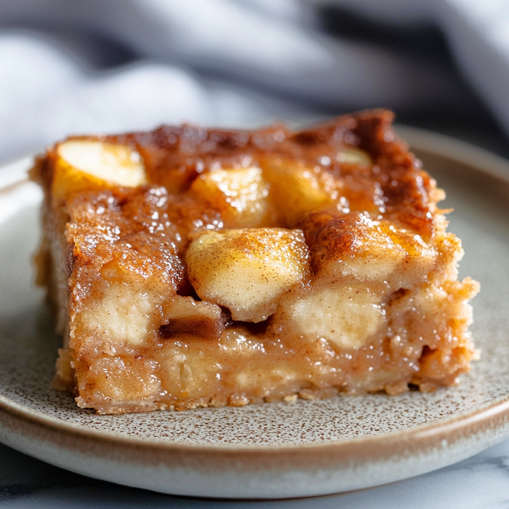 a piece of cinnamon apple bread pudding with caramel sauce
