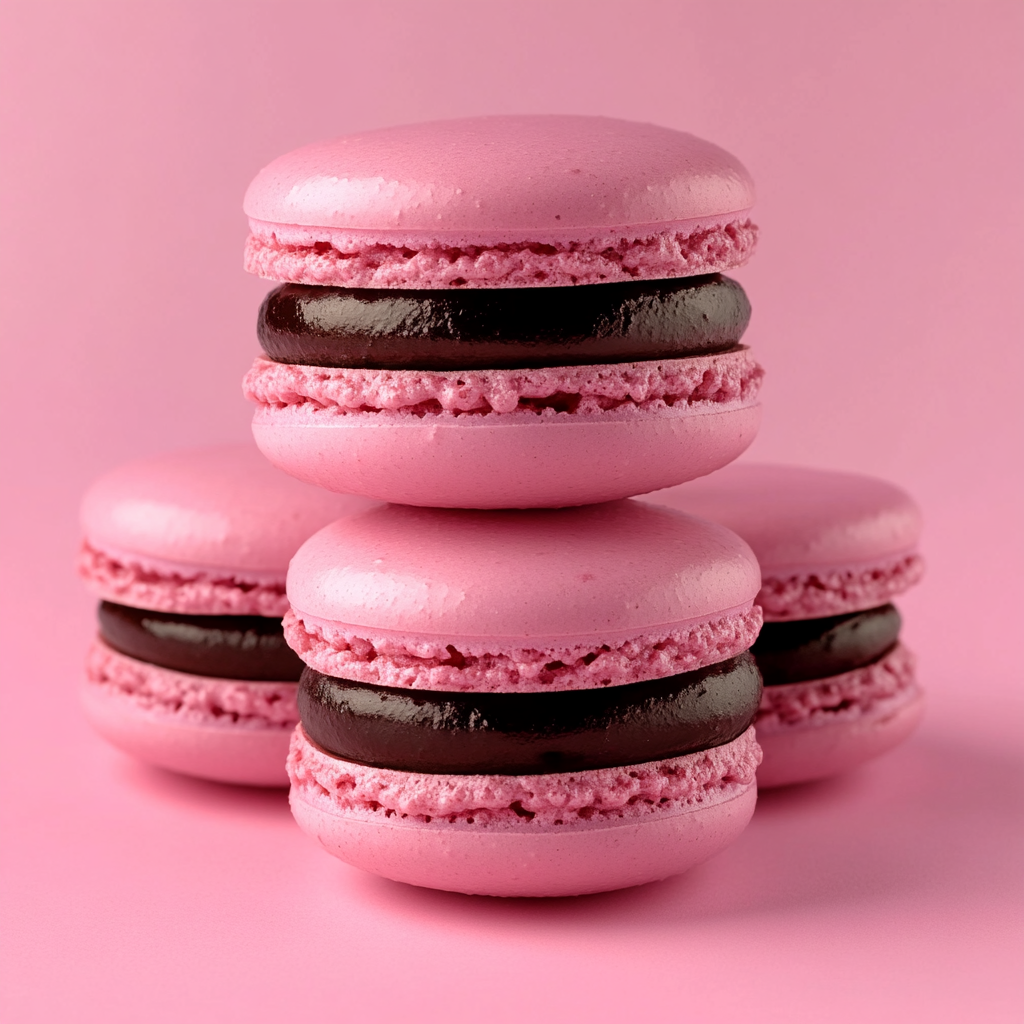 pink raspberry macarons filled with dark chocolate ganache