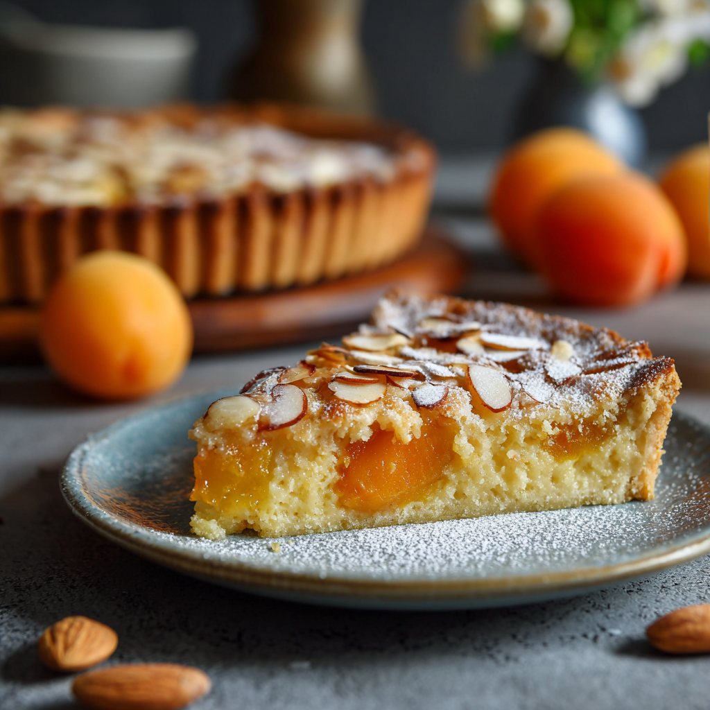 apricot almond tart on a plate, the whole tart in the background