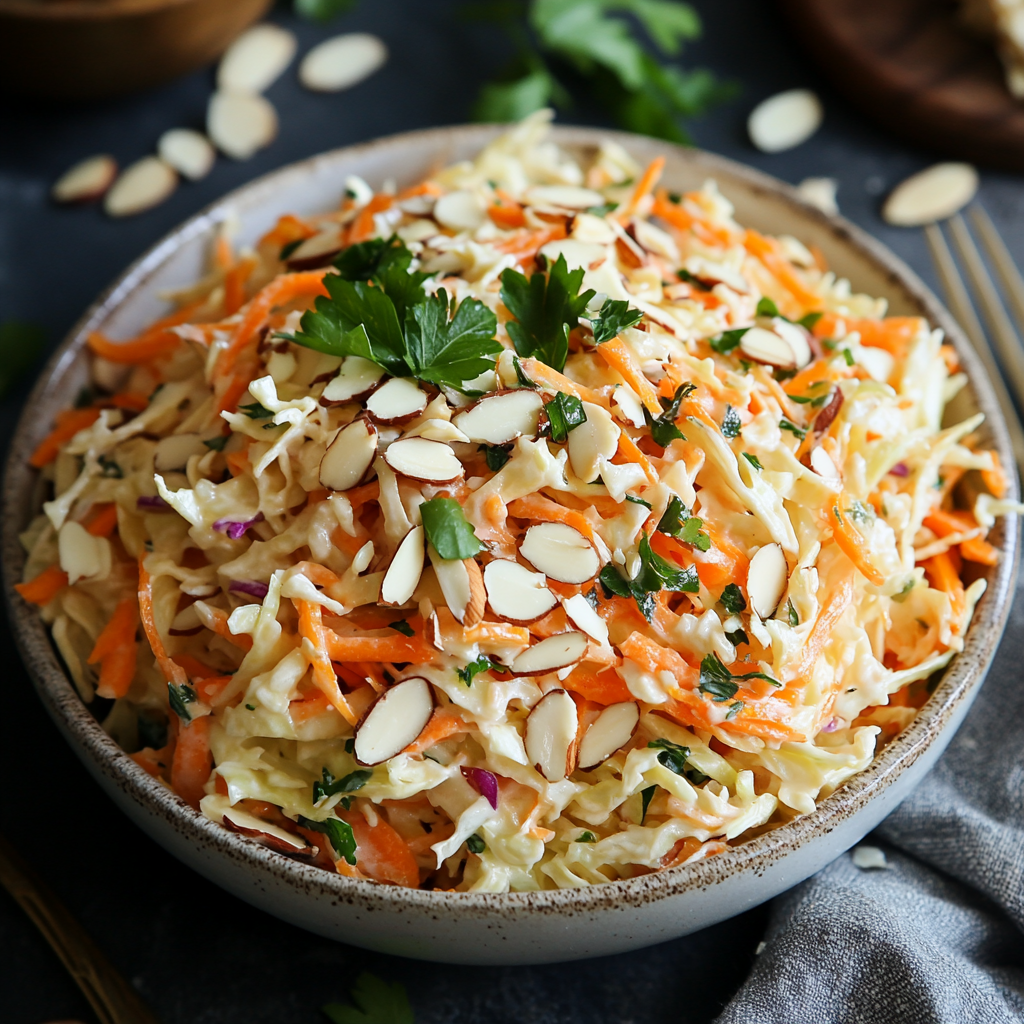 A fresh apple-carrot coleslaw topped with sliced almonds in a serving bowl.