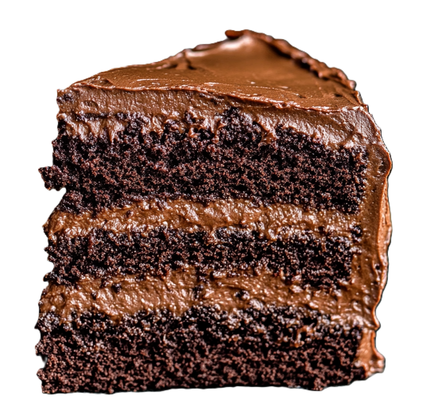 Slice of moist dark chocolate cake with fluffy Swiss buttercream frosting