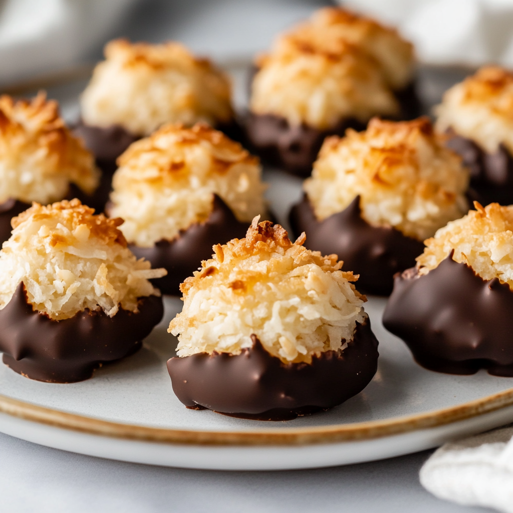 Golden coconut macaroons with chewy centers, dipped in rich chocolate.