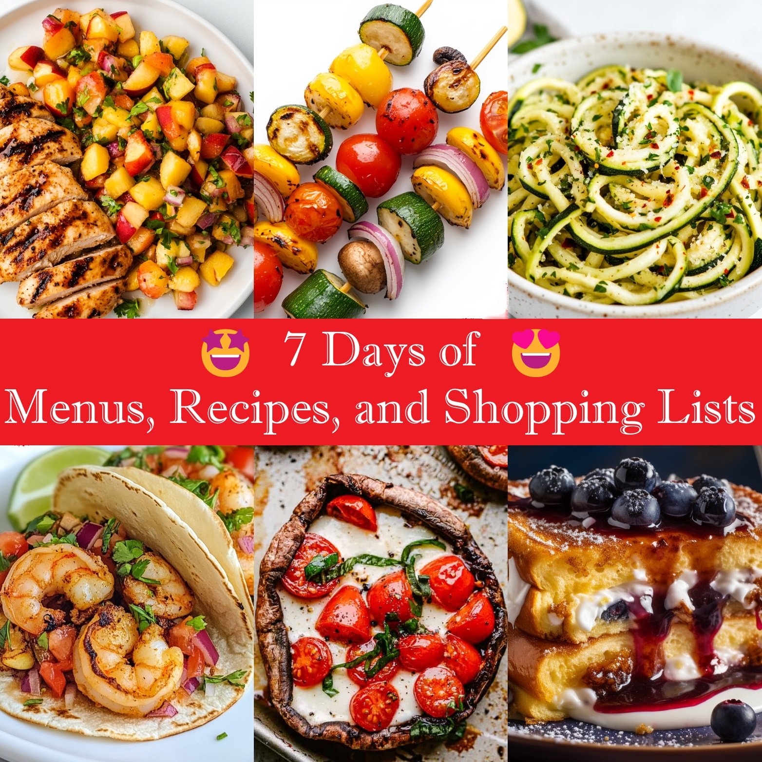 a collage of 7 weeknight dinners in a convenient menu with recipes