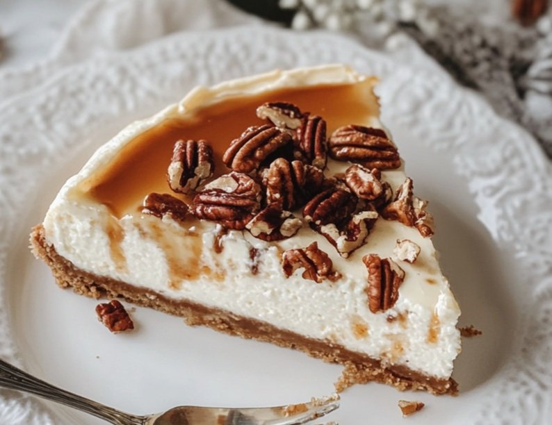 Single slice of maple praline cheesecake served with fork, showing creamy layers and pecan topping detail.