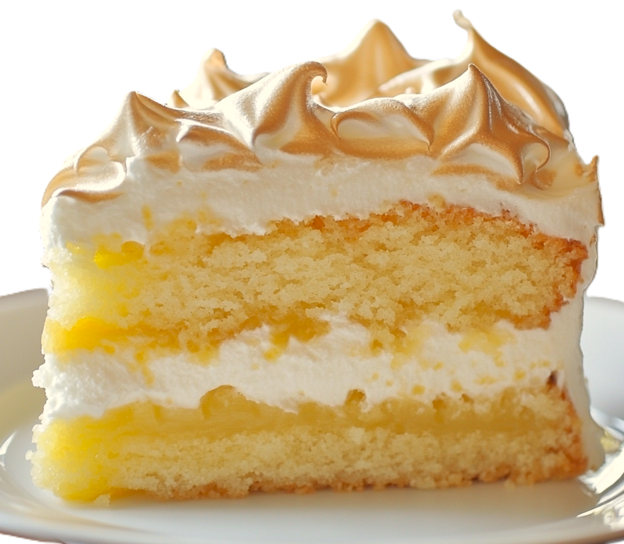 close up of a slice of lemon meringue cake showing the two cake layers, lemon curd filling and meringue frosting