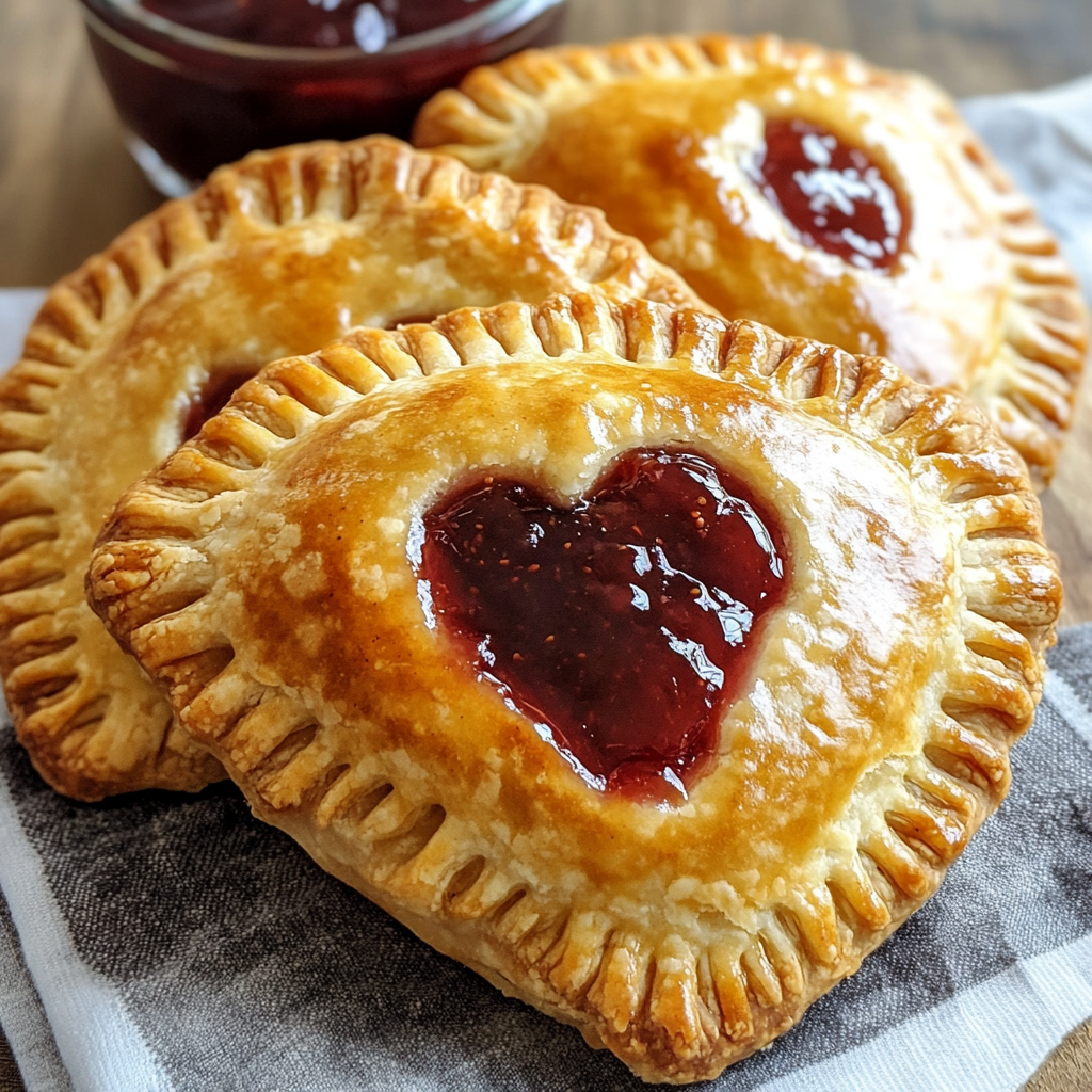 a handheld berry jam pie with a heart shaped cutout in the middle