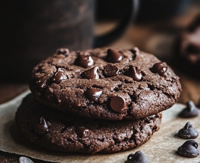 Close-up of a double chocolate chip cookie broken in half showing fudgy center and melty chocolate