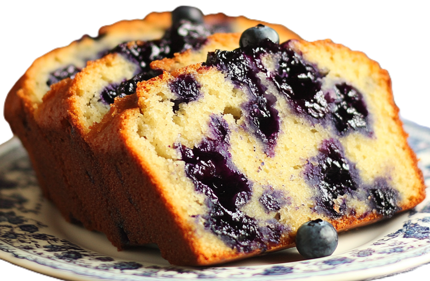 Close-up of a sliced Wild Blueberry Lemon Quick Bread showing its moist, fluffy texture and bursts of fresh blueberries.