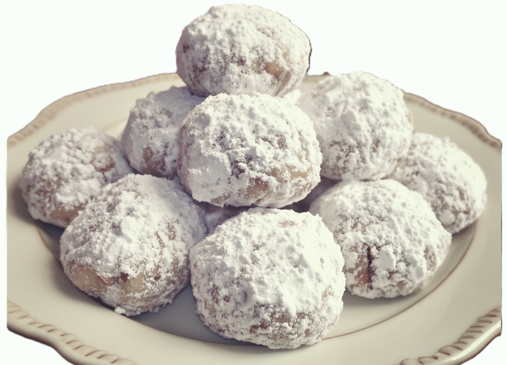 pecan snowball cookies piled high on a white plate