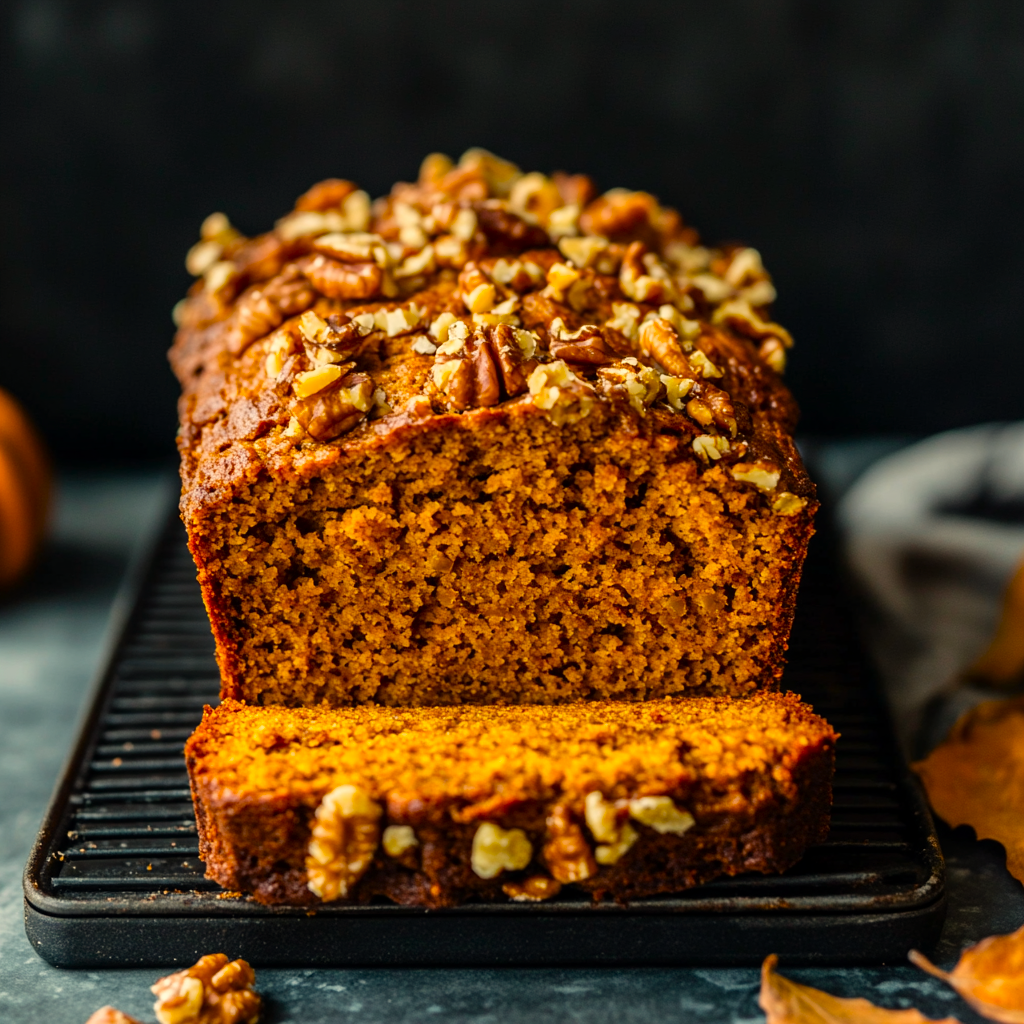 a loaf of moist homemade pumpkin bread topped with pecans that has been sliced showing the interior