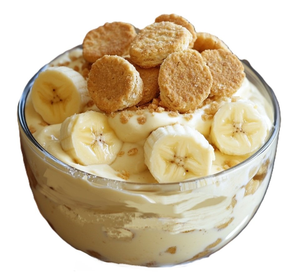 a close up of a glass bowl of homemade banana pudding with banana slices and vanilla wafer cookies
