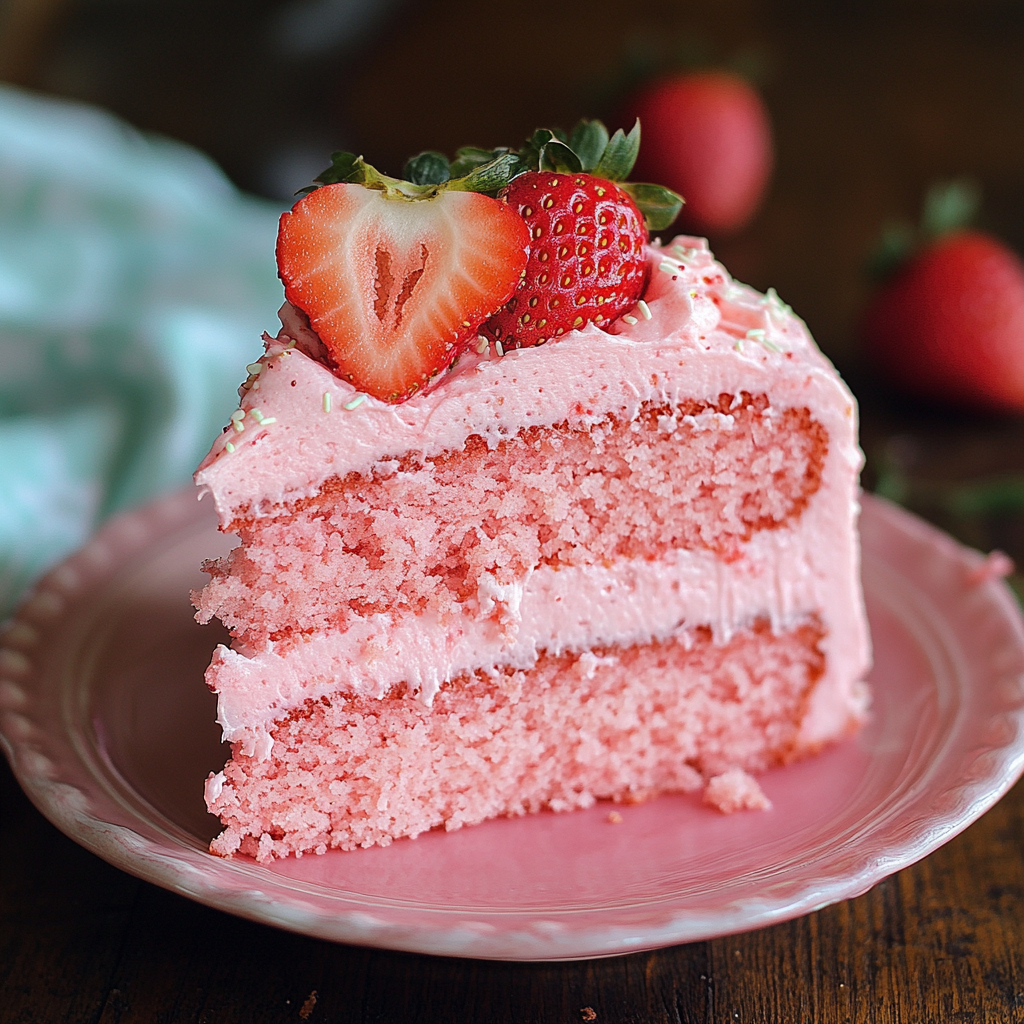 a piece of strawberry birthday cake with thick pink frosting