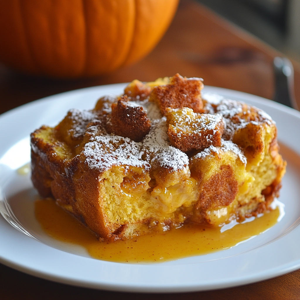 Pumpkin custard bread pudding slice on a white plate, topped with syrup and garnished for fall brunch.