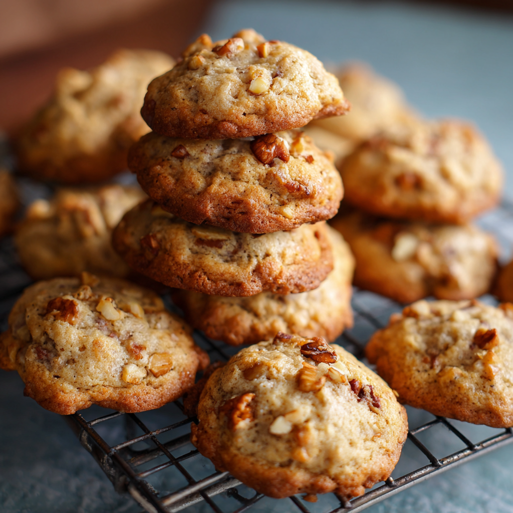 fresh baked banana nut bread cookies stacked on a wire rack