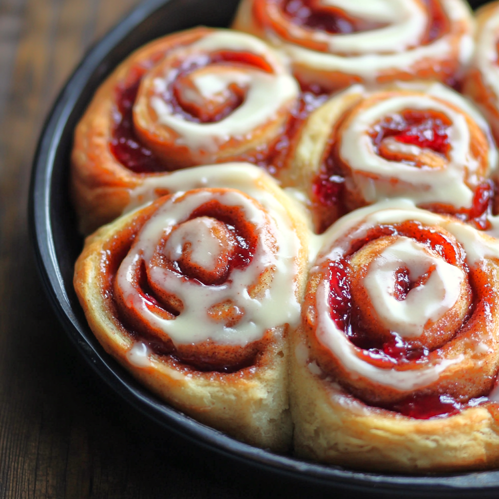 A pan of freshly baked strawberry cinnamon rolls — warm, gooey, and ready to serve