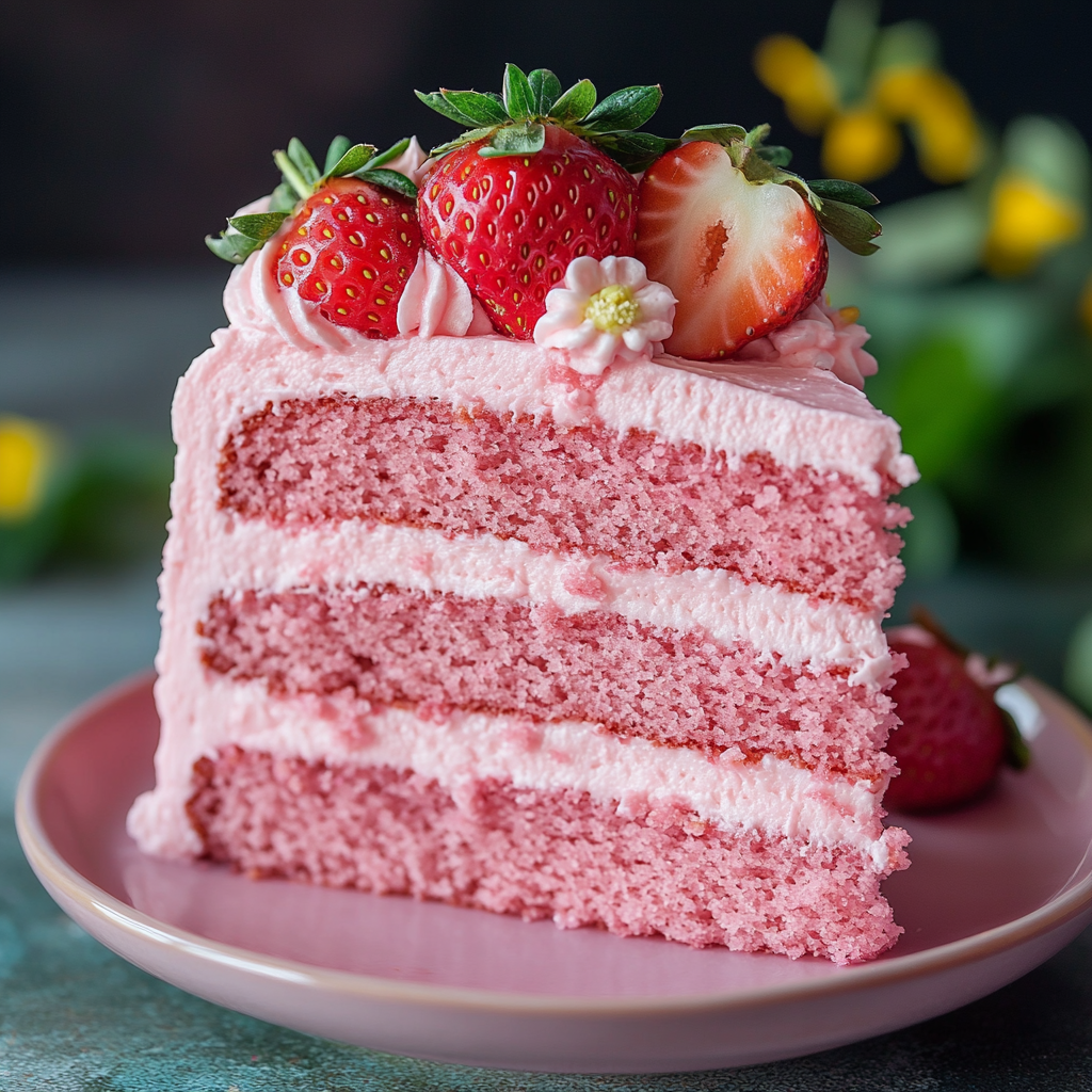 three layer strawberry cake with pink buttercream and fresh strawberries