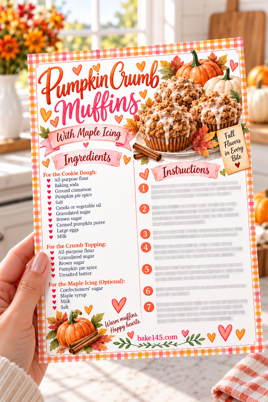 close up photo of me holding the pumpkin crumb recipe card in my hand