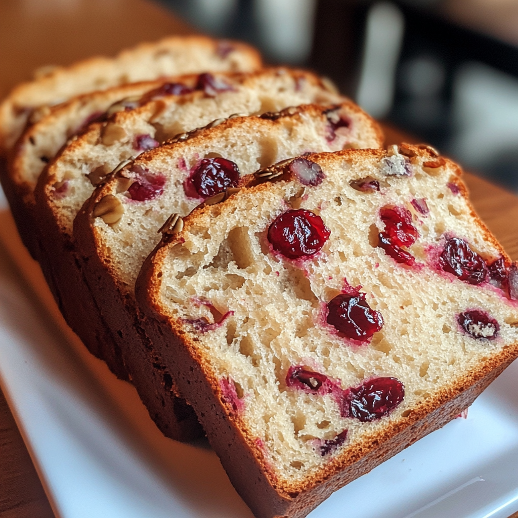Overhead view of a cranberry orange loaf, surrounded by fresh cranberries and orange slices