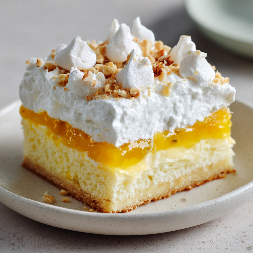 brown butter vanilla sheet cake with meringue mango topping
