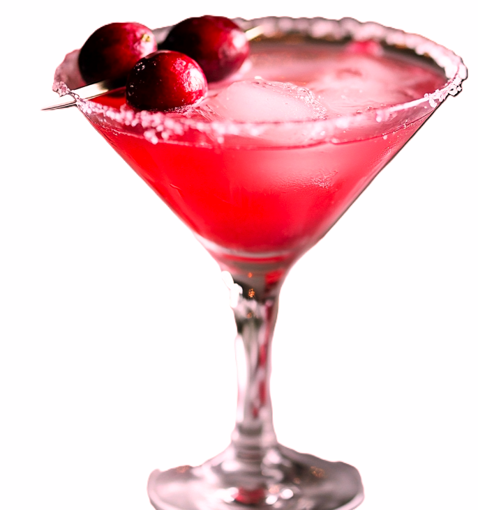 A vibrant Cranberry Bliss Mocktail served in a festive glass, garnished with citrus and sugared cranberries.