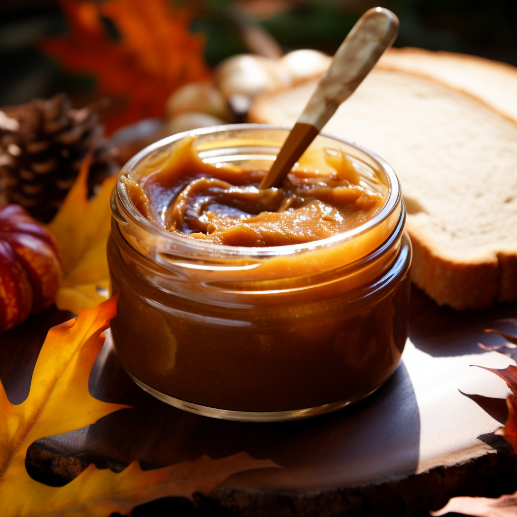 a jar of homemade pumpkin butter on an autumn table