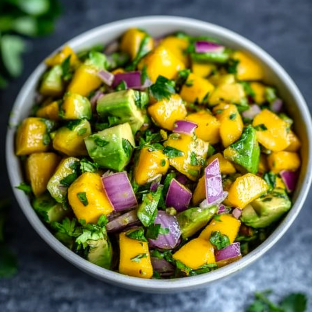 a bowl filled with homemade chunky mango avocado salsa