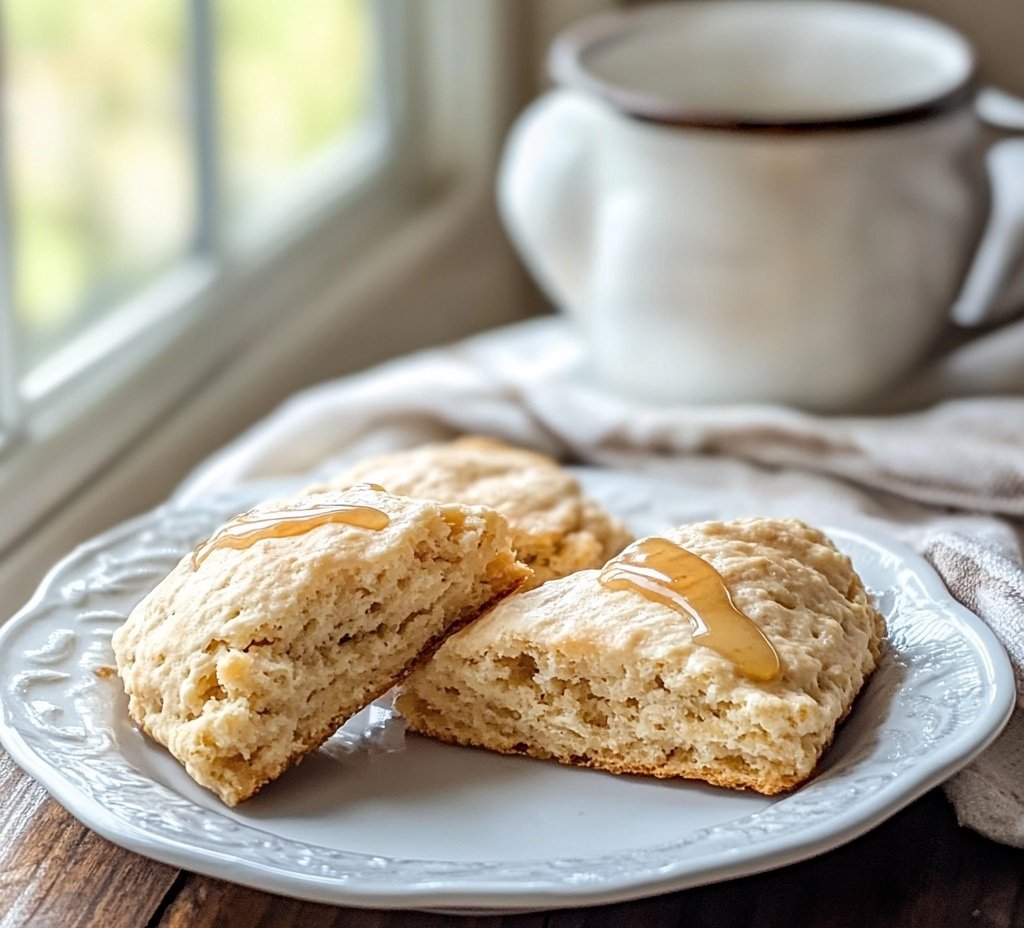 Two maple scones on a pretty plate, topped with glaze