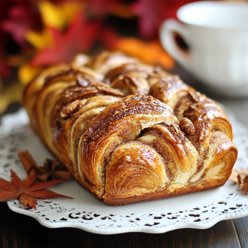 Apple babka bread topped with pecans, showing warm cinnamon apple filling inside