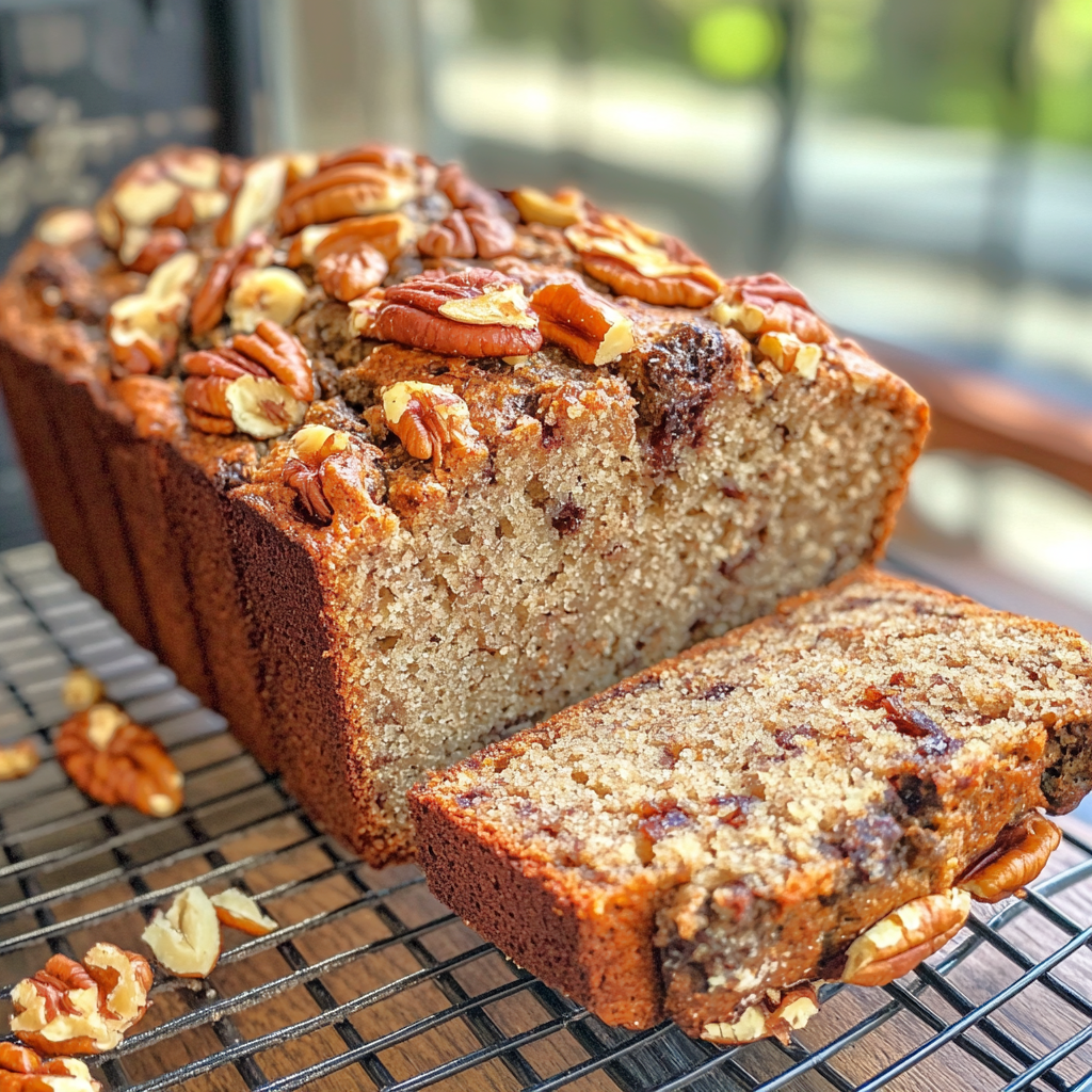 a botter pecan pound cake topped with brown sugar and pecans