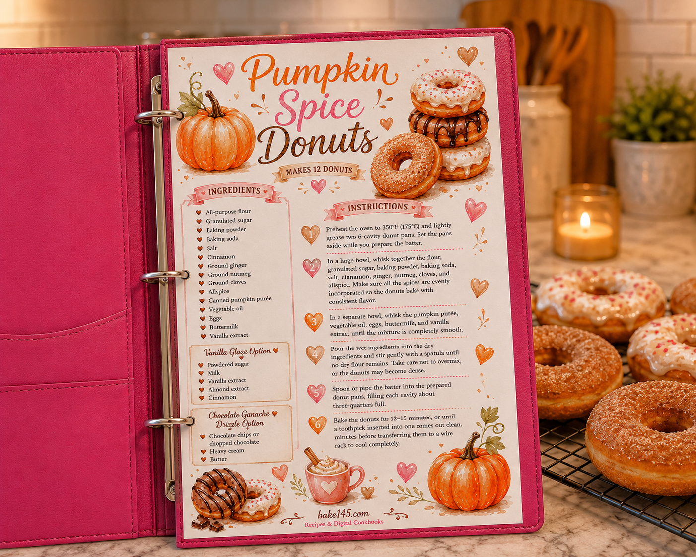pumpkin donuts recipe card shown in a pink binder