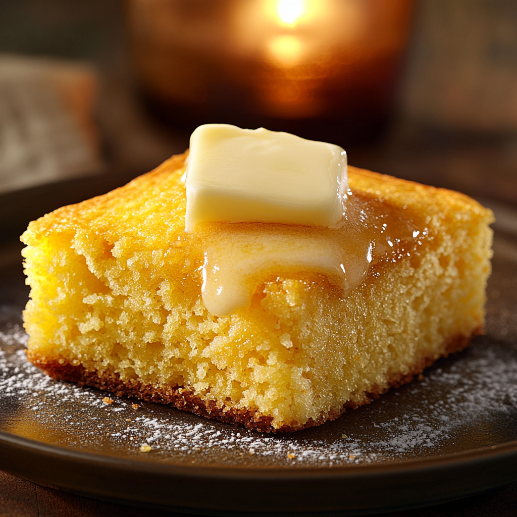 Golden Cornbread sliced on a wooden board – Fluffy, golden cornbread with melting butter on top