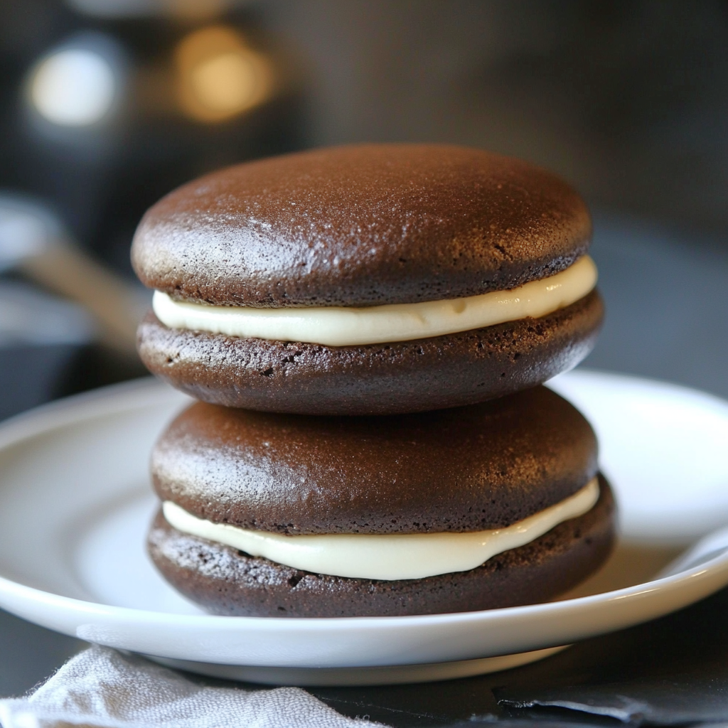 two classic chocolate whoopie pies with cream filling on a white plate