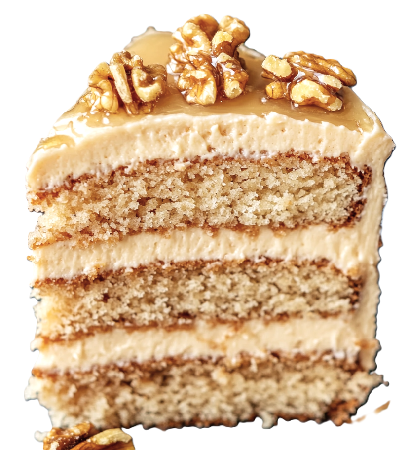 a slice of maple walnut cake on a plate, the top decorated with candied walnuts