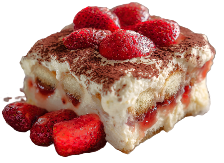 a piece of creamy tiramisu made with strawberries and mascarpone