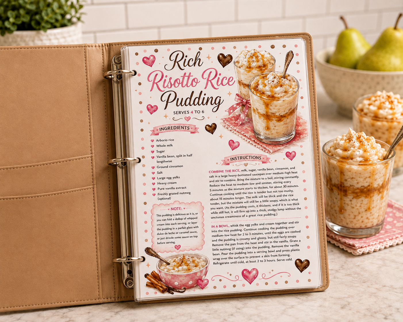 a photo of the rice pudding recipe in a brown binder
