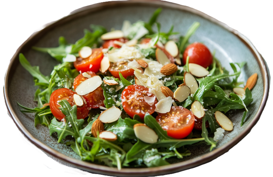 a bowl of simple arugula salad with tomatoes