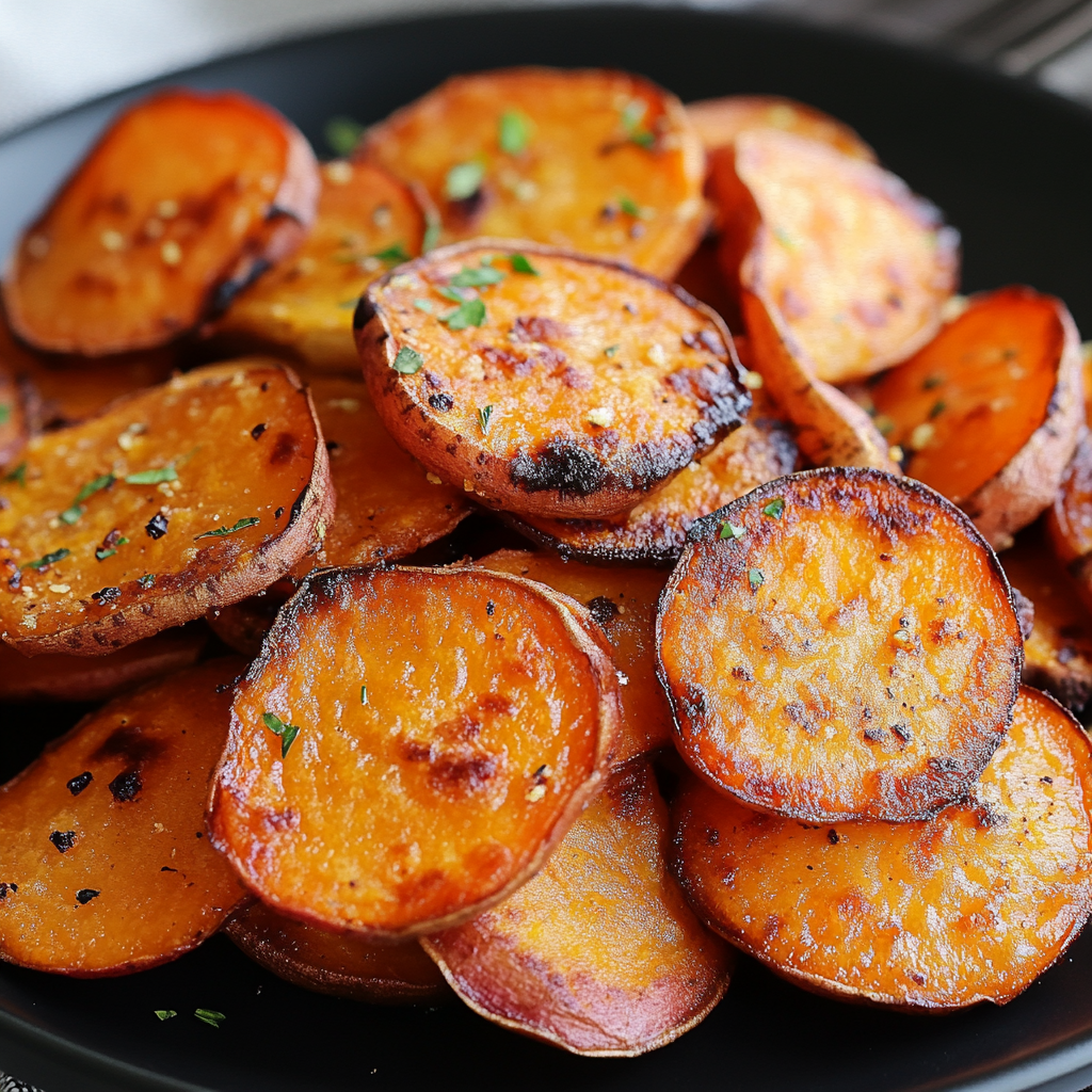 Thinly sliced sweet potatoes, fried until golden and crispy, served on a white plate.