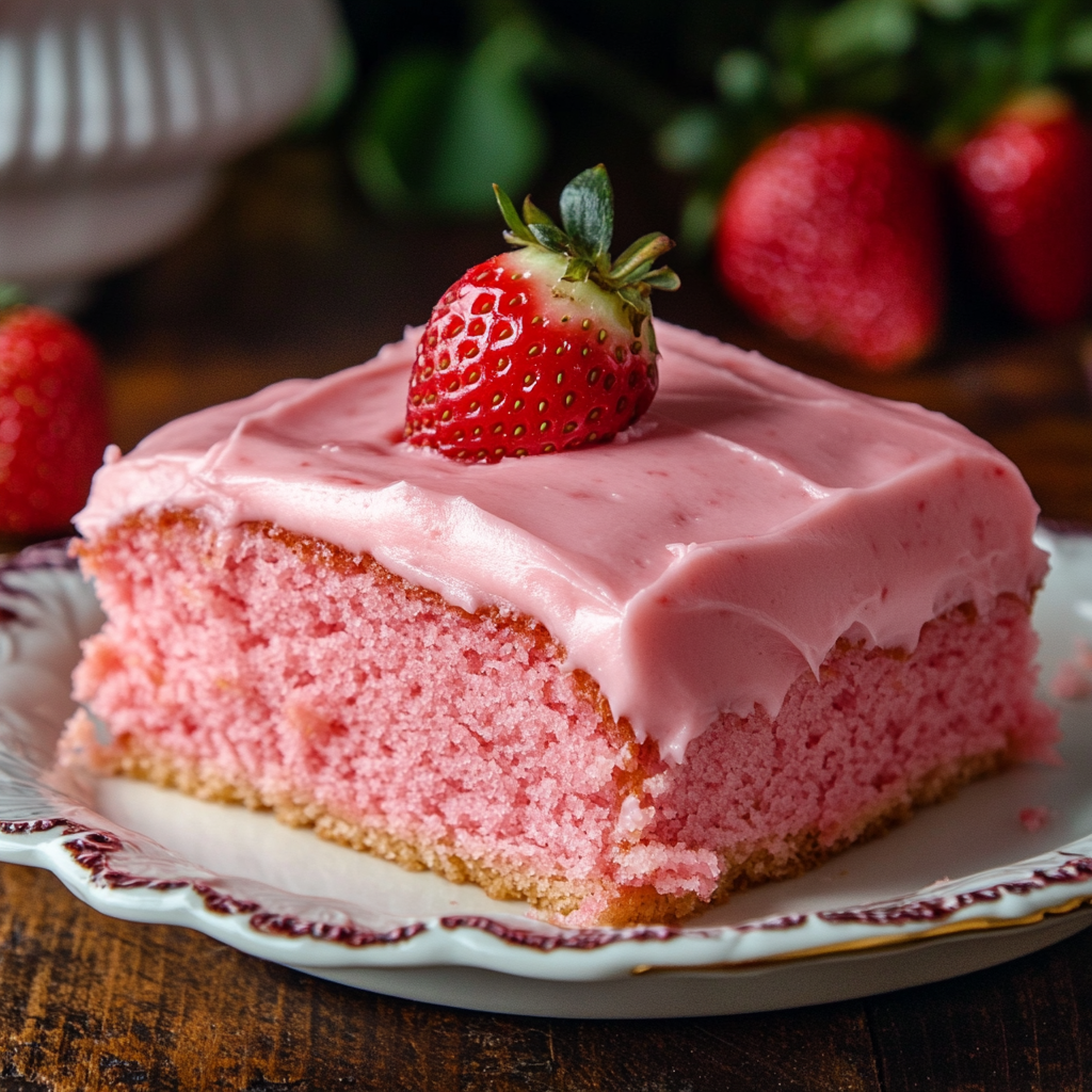 Plated slice of strawberry sheet cake — topped with whipped cream and fresh strawberries.