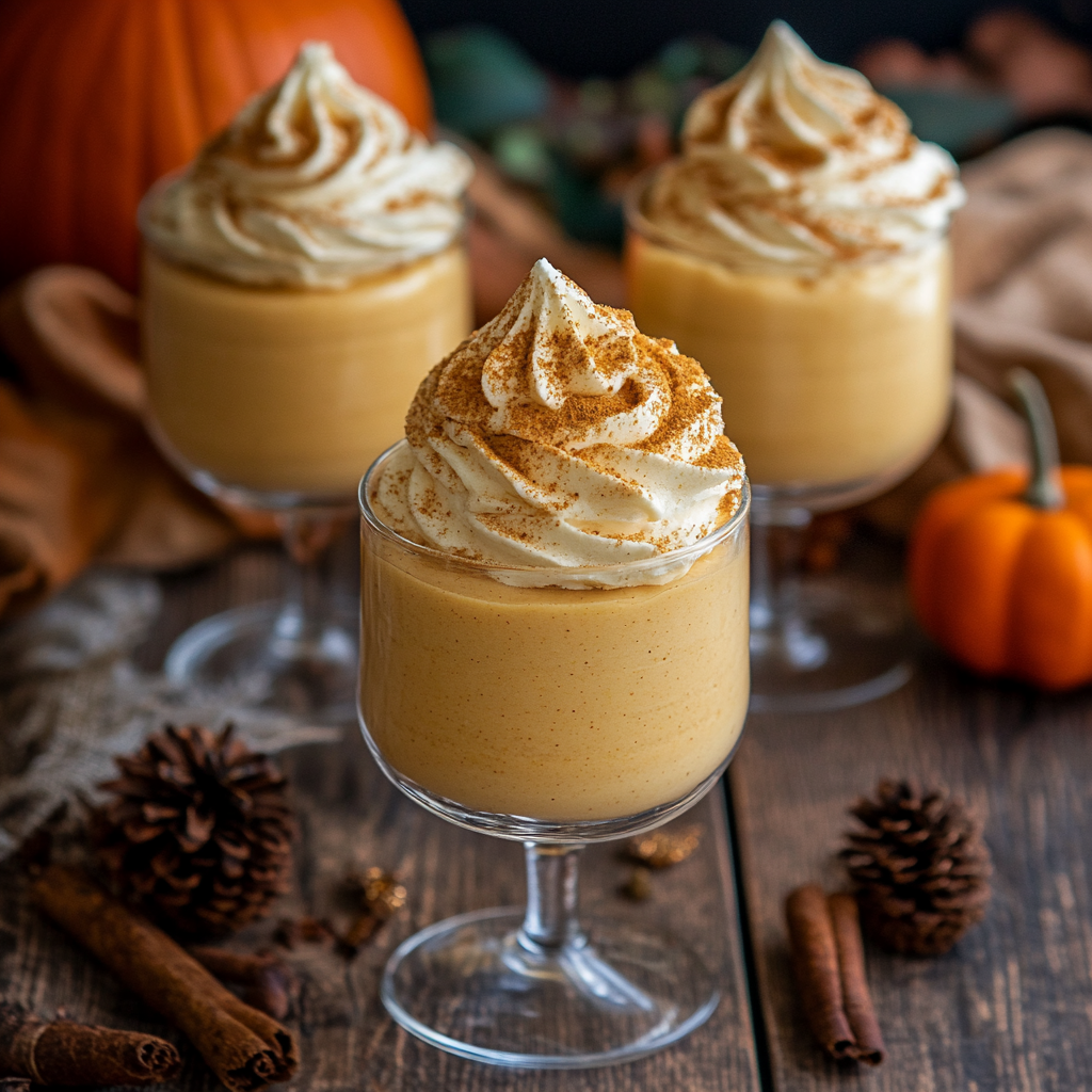 Individual servings of fluffy pumpkin mousse topped with whipped cream and a dusting of cinnamon