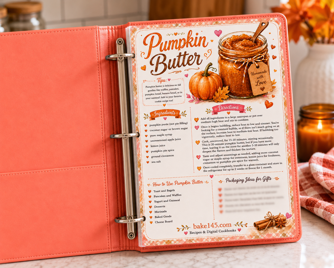 a photo of the pumpkin butter recipe in an orange recipe binder