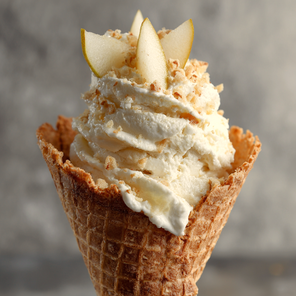 a scoop of brown butter pear homemade ice cream in a waffle cone