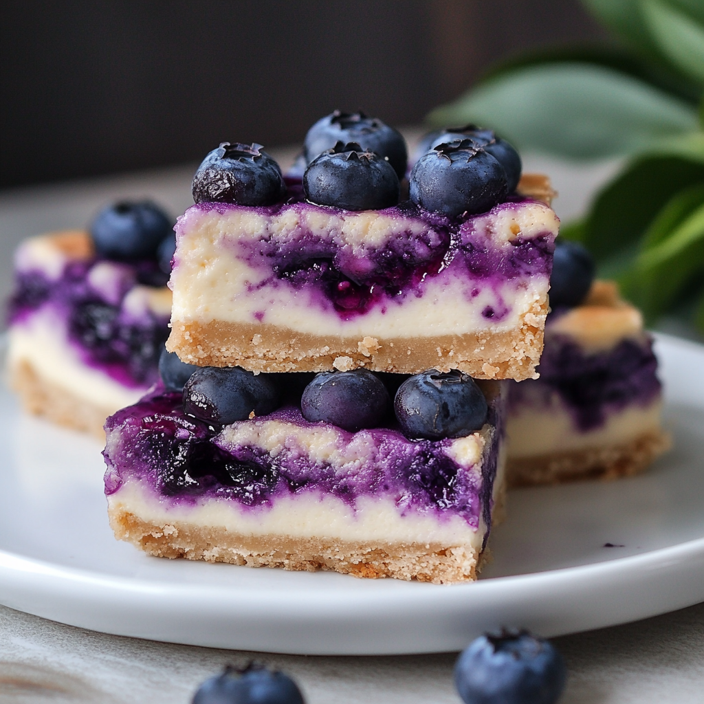 two blueberry cheesecake bars stacked on a white plate